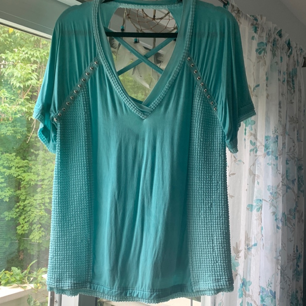 POL Studded Strappy Back V-Neck Waffle Mixed Knit Top - Aqua